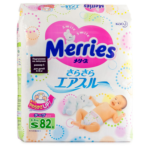 Подгузники Merries S 4-8 кг 82 шт